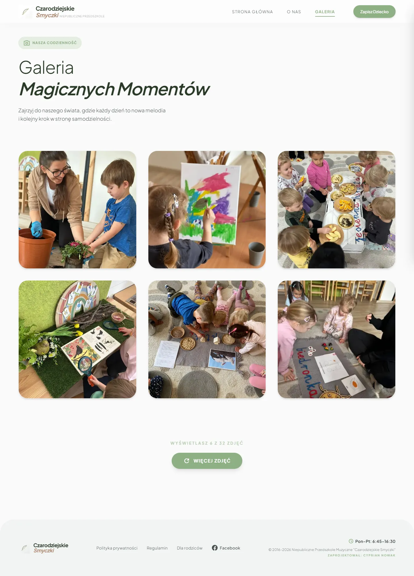 Nowa podstrona Galeria z sześcioma zdjęciami z codzienności przedszkola i przyciskiem Więcej zdjęć